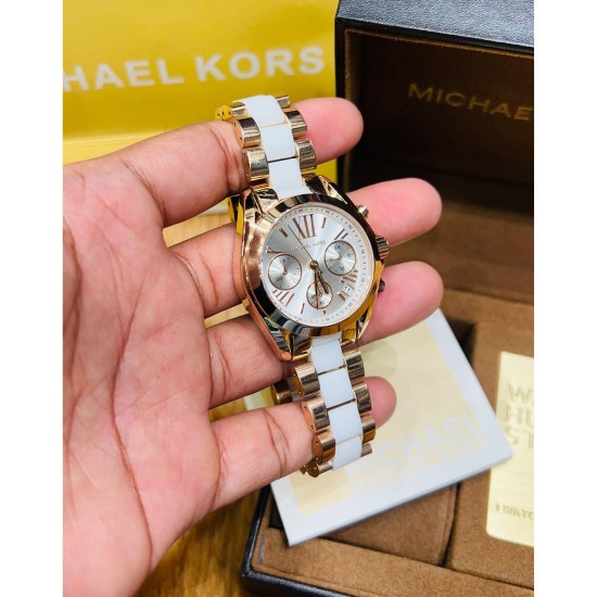 MICHEAL KORS LADIES WATCH ROSEGOLD WITH WHITE CERAMIC BODY AND DATE