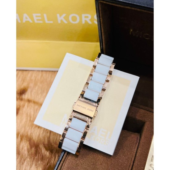 MICHEAL KORS LADIES WATCH ROSEGOLD WITH WHITE CERAMIC BODY AND DATE